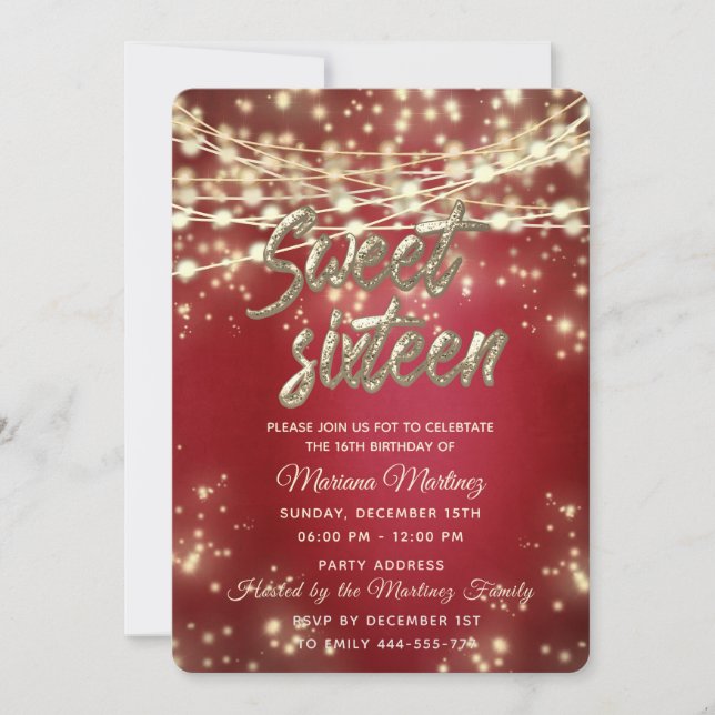 Rotes extravagantes, elegantes Streichlicht golden Einladung (Vorderseite)