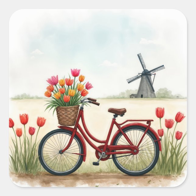 Rotes Fahrrad mit holländischen Tulips Quadratischer Aufkleber (Vorderseite)
