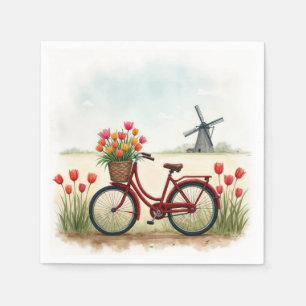 Rotes Fahrrad mit holländischen Tulips Serviette
