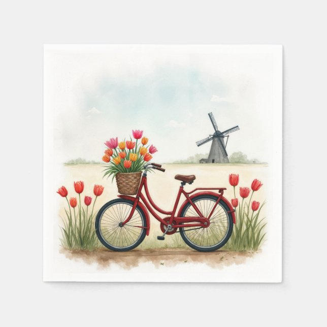 Rotes Fahrrad mit holländischen Tulips Serviette (Vorderseite)