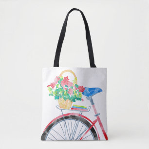 Rotes Fahrrad mit Korb der Blumen Tasche