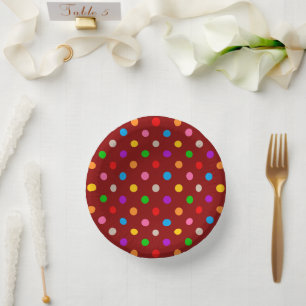 Rotes farbenfrohes Regenbogen-Punkte-Design  Pappteller
