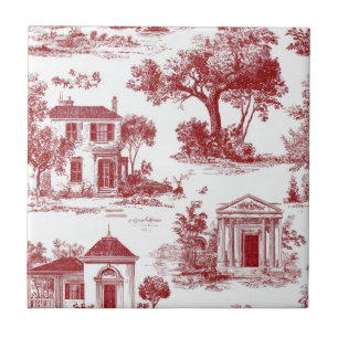 Rotes Farmhaus-Toile-Szenenbaum-Muster Fliese