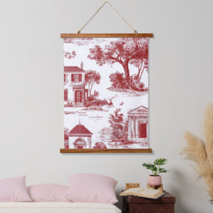 Rotes Farmhaus-Toile-Szenenbaum-Muster Wandteppich Mit Holzrahmen