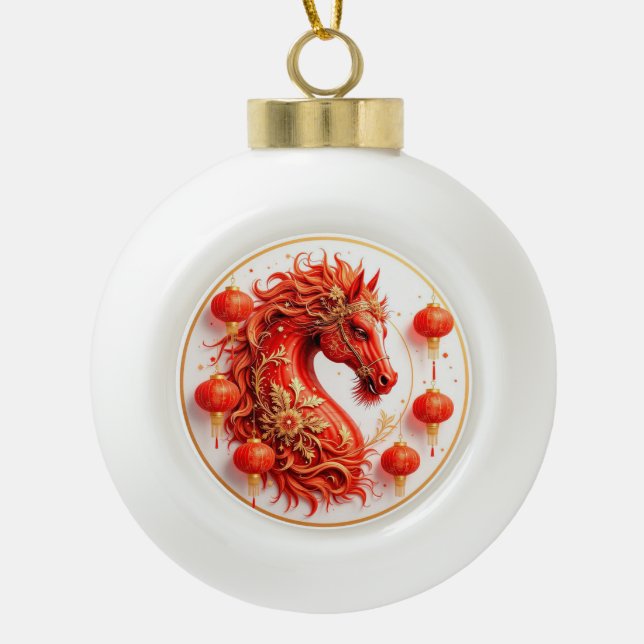Rotes Feuerpferd - Neujahrsfeier 2026 - Design Keramik Kugel-Ornament (Vorderseite)