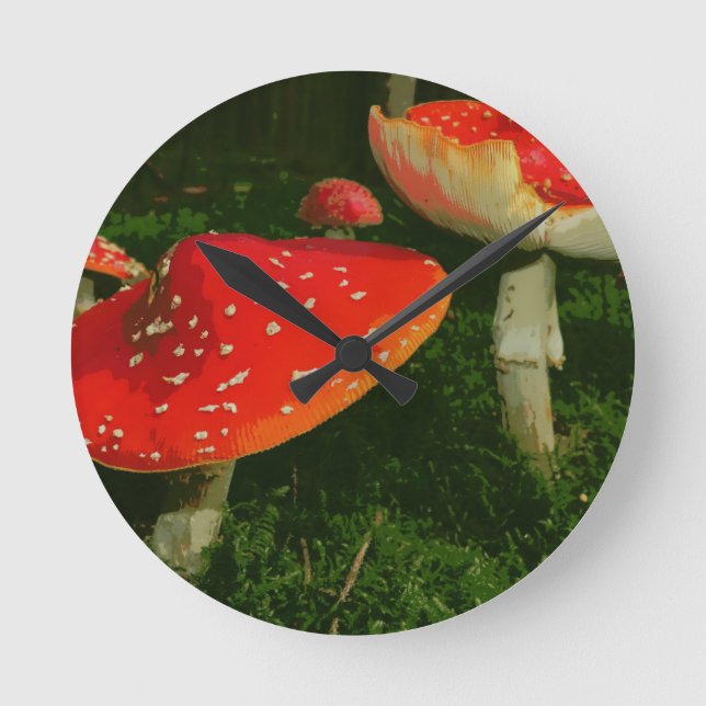 Rotes Fliegen-Blätterpilz-Wulstling Muscaria Runde Wanduhr (Vorderseite)