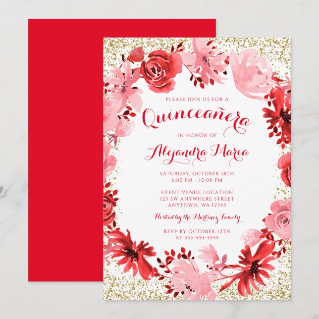 Rotes Flora Gold Quinceanera Einladung (Vorne/Hinten)