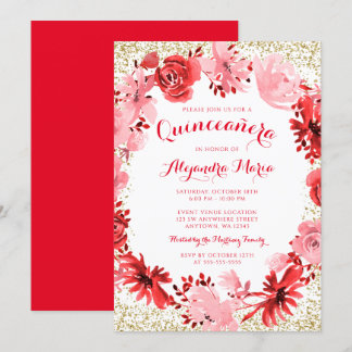Rotes Flora Gold Quinceanera Einladung