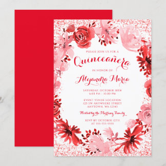 Rotes Flora Quinceanera Einladung