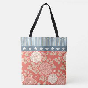 Rotes florales Blockdruckmuster mit blauen Streife Tasche