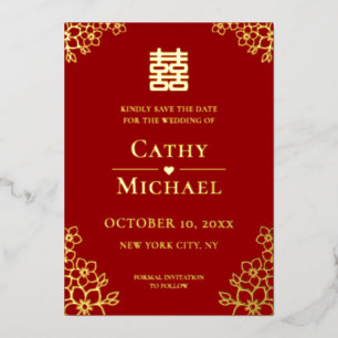 Rotes florales chinesisches Hochzeitssave-the-Date Folieneinladung
