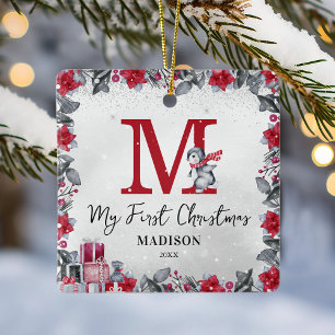 Rotes florales erstes Weihnachten des Babys Keramikornament