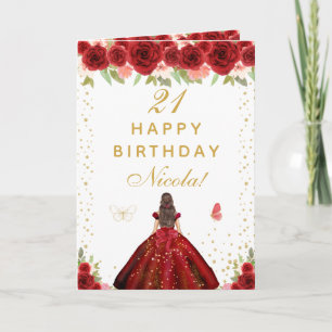 Rotes florales Geburtstagsbild Mädchen mit braunen Karte