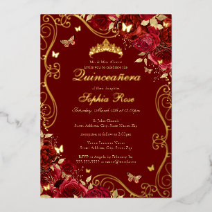Rotes florales Gold-Swirbel-Schmetterling Quincean Folieneinladung