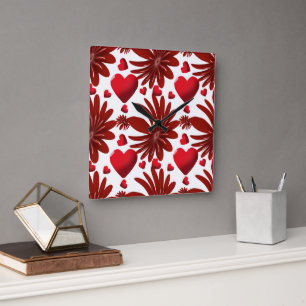 Rotes florales Herz Muster Ästhetisch romantische  Quadratische Wanduhr