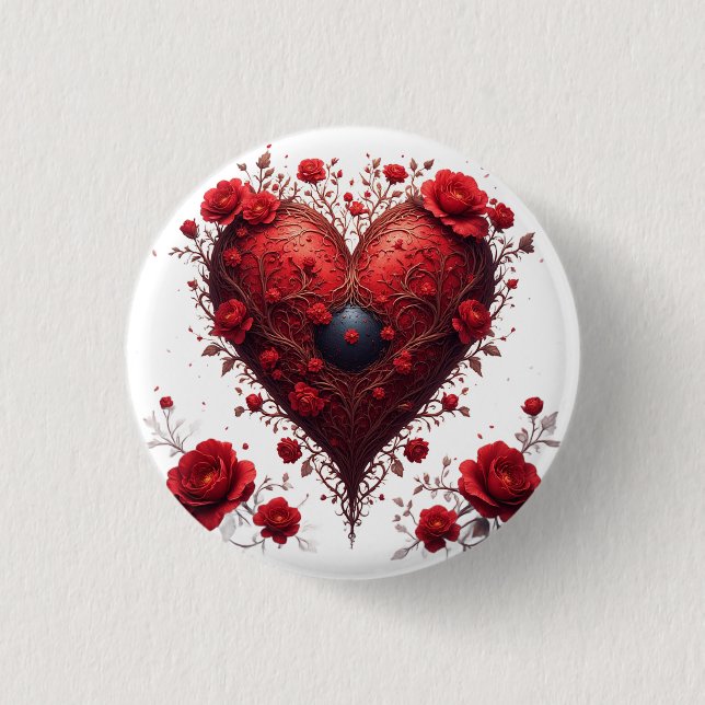 Rotes florales Herzdesign mit blühenden Blumen Button (Vorderseite)