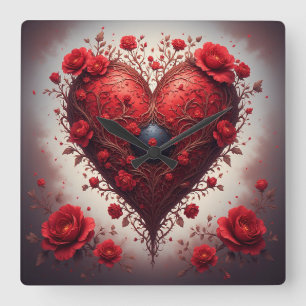 Rotes florales Herzdesign mit blühenden Blumen Quadratische Wanduhr