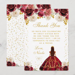 Rotes florales Prinzessin Quinceañera Dankeskarte