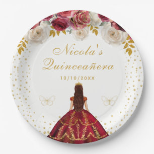 Rotes florales Prinzessin Quinceañera Pappteller