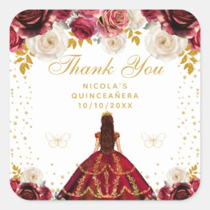 Rotes florales Prinzessin Quinceañera Quadratischer Aufkleber