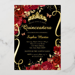 Rotes florales Schmetterling Elegantes Gold Quince Folieneinladung
