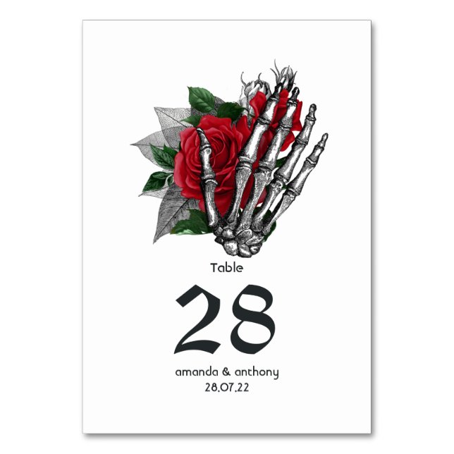 Rotes florales Skelett-Gotik-Hochzeit Tischnummer (Vorderseite)