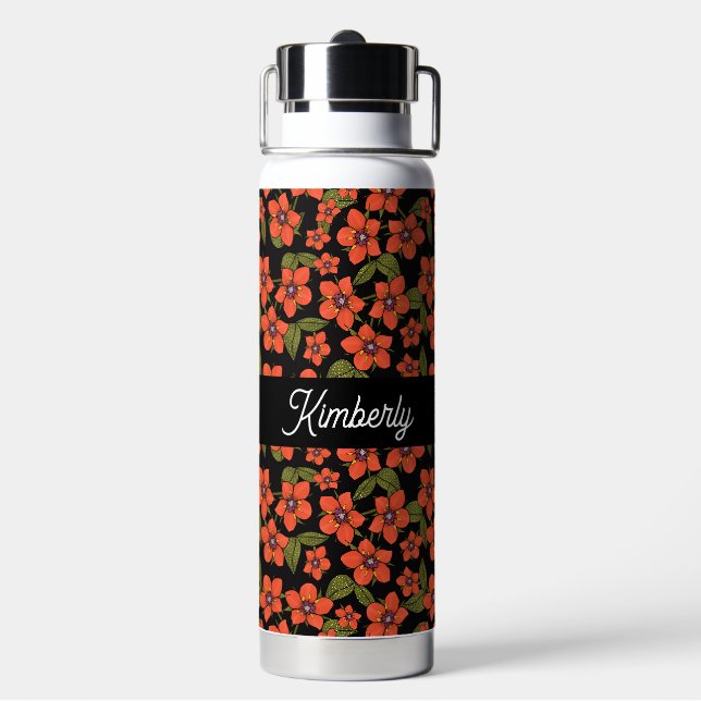 Rotes florales Wasserfarben-Monogramm Name Trinkflasche (Hinten)