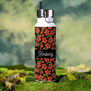 Rotes florales Wasserfarben-Monogramm Name Trinkflasche