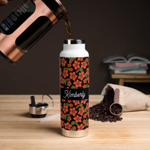 Rotes florales Wasserfarben-Monogramm Name Trinkflasche