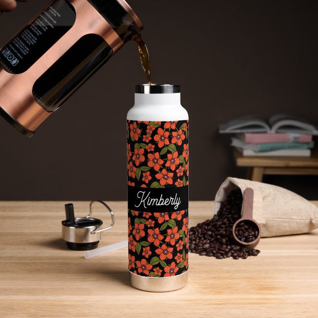 Rotes florales Wasserfarben-Monogramm Name Trinkflasche (Kaffee (gedreht))