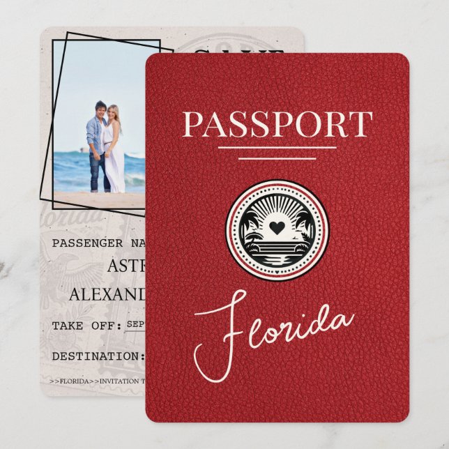 Rotes Florida-Reisepass Save The Date (Vorne/Hinten)