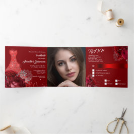 Rotes FOTO Blütenkugel Rose Girls Dreifach Gefaltete Einladung