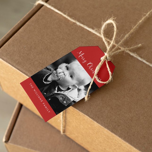 Rotes Foto "Frohe Weihnachten" Geschenkanhänger (Von Creator hochgeladen)