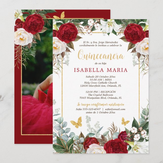 Rotes Foto Quinceanera Einladung ins Spanische (Vorne/Hinten)