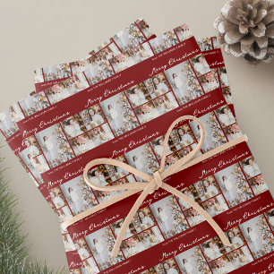 Rotes Frohe Weihnachten Familienfoto-Collage Geschenkpapier Set