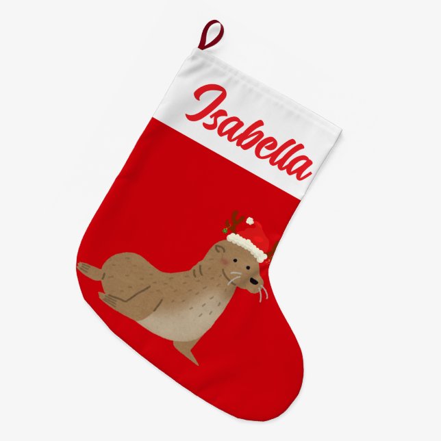 Rotes frostiges Weihnachtsmeer Löwe Weihnachtsfest Großer Weihnachtsstrumpf (Vorderansicht (hängend))