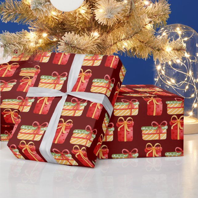 Rotes, gelbes Weihnachtsgeschenk dunkles rotes Wra Geschenkpapier (Feiertage)
