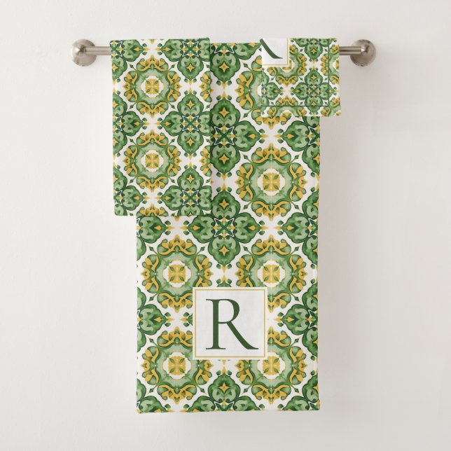 Rotes geometrisches, mediterranes Monogramm Badhandtuch Set (Insitu)