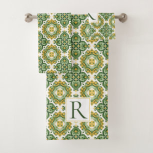 Rotes geometrisches, mediterranes Monogramm Badhandtuch Set