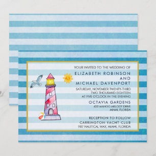 Rotes gestreiftes Wasserfarben-Leuchtturm-Hochzeit Einladung