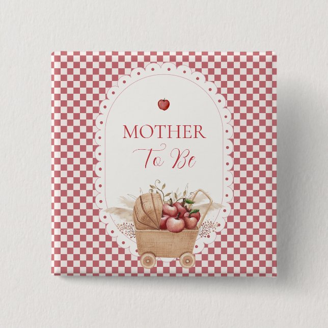 Rotes Gingham Boho Apfel Mutter-To-Be-Baby-Party Button (Vorderseite)