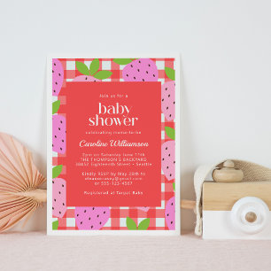 Rotes Gingham-Erdbeer-Bold-Baby-Shower-Mädchen Einladung