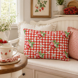 Rotes Gingham-Erdbeer-Cottagecore-Farmhouse-Kissen Dekokissen