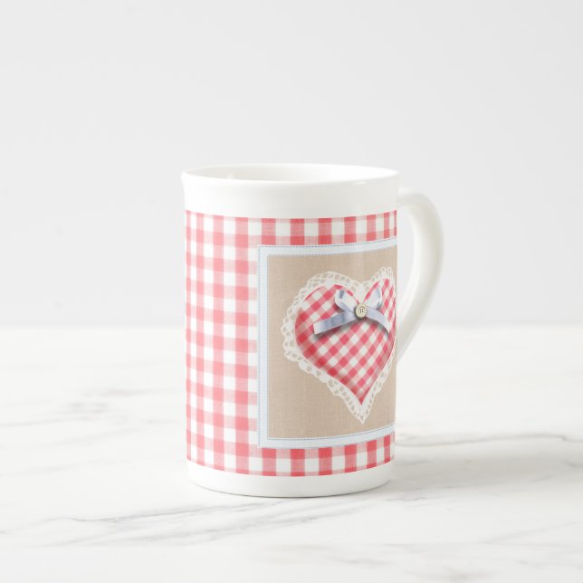 Rotes Gingham-Herz mit Bogengraphik Prozellantasse (Vorderseite Rechts)