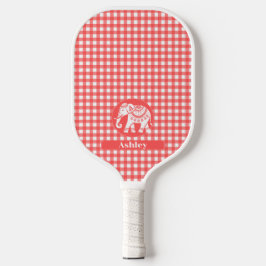 Rotes Gingham-Karo mit weißem Elefanten und Namen Pickleball Schläger