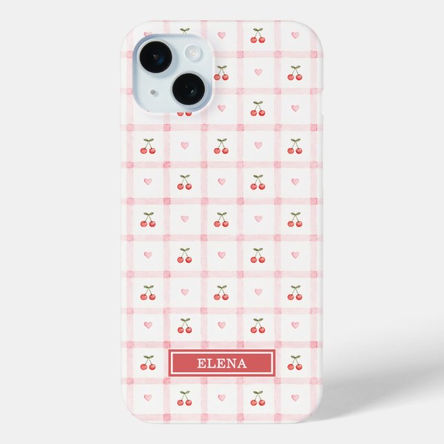 Rotes Gingham mit Kirschen und Schleifen Monogramm Case-Mate iPhone Hülle (Rückseite)