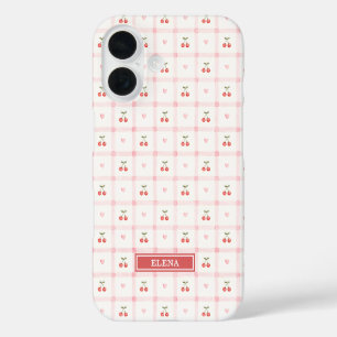 Rotes Gingham mit Kirschen und Schleifen monogramm iPhone 16 Hülle