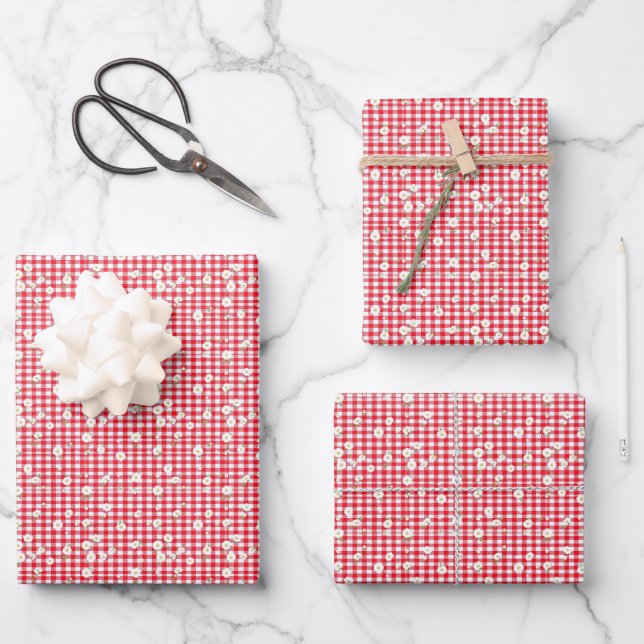 Rotes Gingham mit kleinen weißen Gänseblümchen Geschenkpapier Set (Vorderseite)