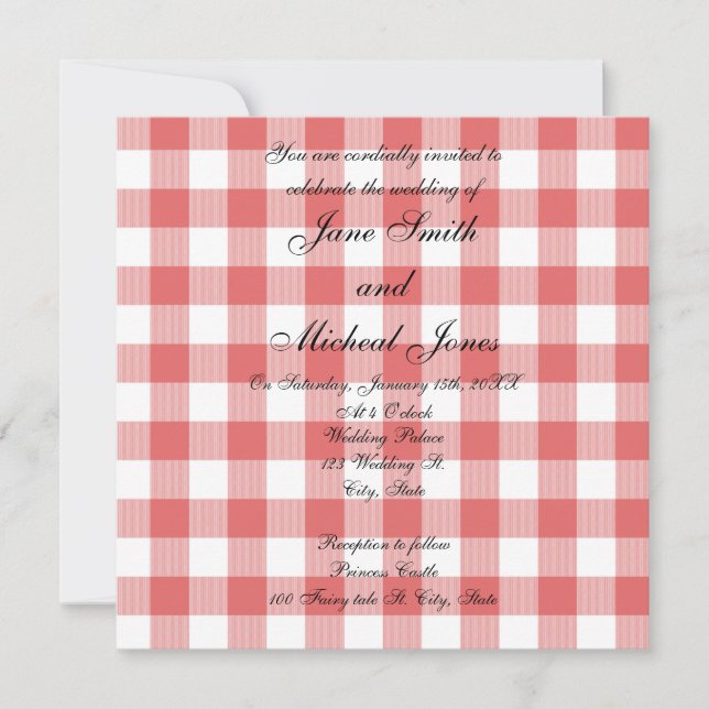 Rotes Gingham-Schachbrett des Hochzeitsmonogramms Einladung (Vorderseite)