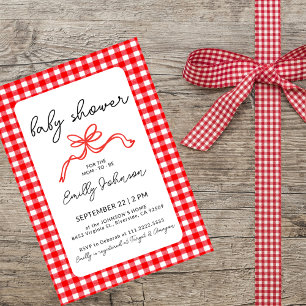Rotes Gingham Süße Schleife Handgeschrieben Baby S Einladung